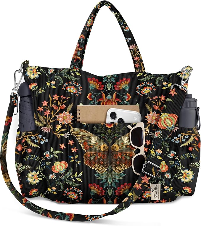 Miss Adola Corduroy Crossbody Tote Bag for Women | Multi Pocket Storage, Zipper Closure, Adjustable Strap, Fits 14 Inch Laptop, Foldable Reusable, for Work Travel Everyday by MissAdola