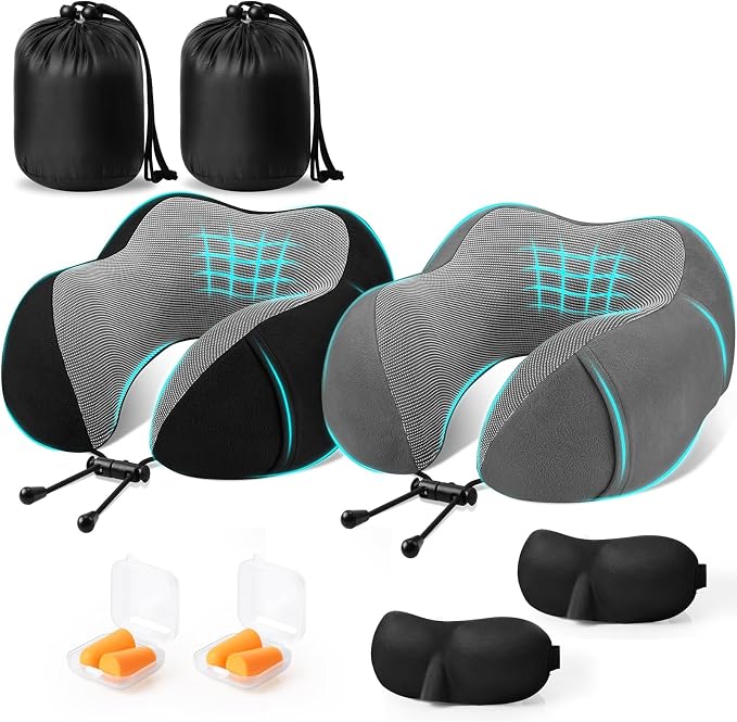 CloudBliss Memory Foam Travel Neck Pillow, Set of 2, Black & Dark Grey by CloudBliss