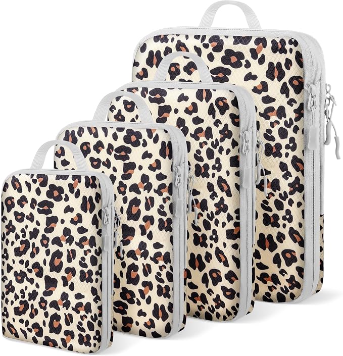 4 Set Compression Packing Cubes For Travel Bags Organizer For Luggage Suitcase Organizer, Compression Bags For Travel Accessories Luggage Storage Set (4 Pcs, Brown Leopard) by Unknown
