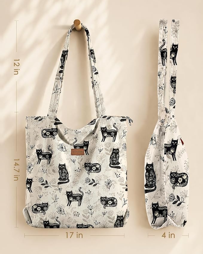 Aesthetic Corduroy Tote Bag with Zipper for Women | Reusable, Fits 14 Inch Laptop, Inner Pocket, double-sided print, Lightweight - Image 5