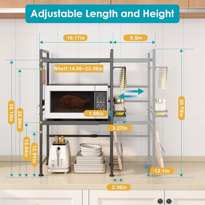 DOLALIKE Microwave Oven Rack, Expandable Microwave Stand Countertop Kitchen Utensils Tableware Storage, Carbon Steel Over Microwave Shelf Countertop with 6 Hooks | Adjustable Microwave Oven Rack Metal Storage Shelf for Pans Small Appliances Kitchen Ute... - Image 3