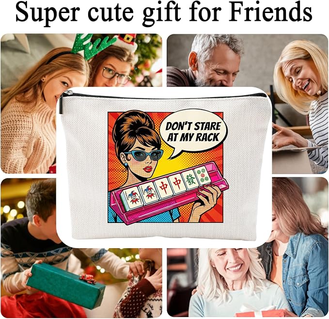 ZUYUROU Funny Mahjong Gifts for Women - Don't Stare At My Rack Makeup Bag - Retro Pop Art American Mahjong Accessories - Zipper Pouch for NMJL Card, Tiles, and Cosmetics - Unique Game Night Prize - Image 3