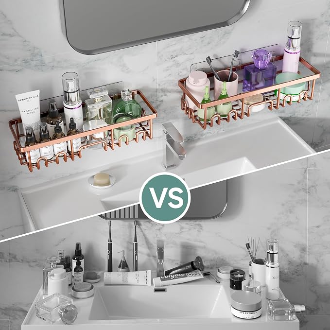 Veken Shower Caddy 6-Pack, No Drilling & Rustproof, Waterproof Adhesive Shelves Rack with Soap Holder, Large Capacity Bathroom Organizers and Storage, Wall-Mounted Kitchen & Home Decor, Rose Gold - Image 5