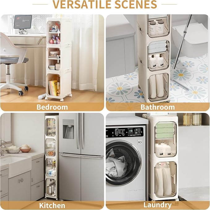 3-Tier Slim Narrow Bathroom Storage Cabinet, Cream White | Tool Free Assembly, Adjustable Shelves, Fits for Narrow Spaces, Reinforced Stability, Magnetic Clear Door - Image 5