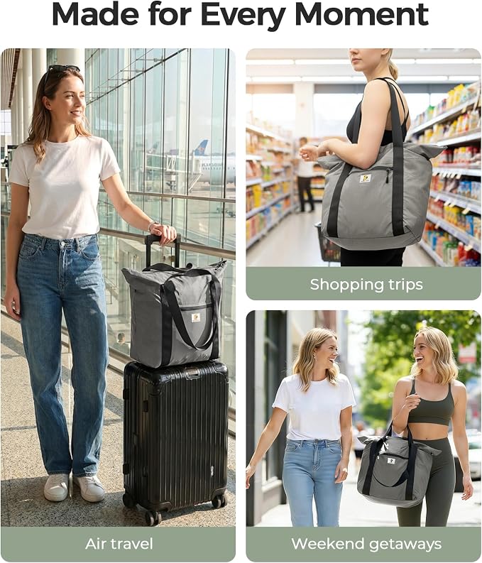 Foldable Travel Bag, 26L Lightweight Weekender Duffel, Expandable Second Carry-On Bag for Travel & Shopping, Water-Resistant Personal Item Bag, Gray - Image 6
