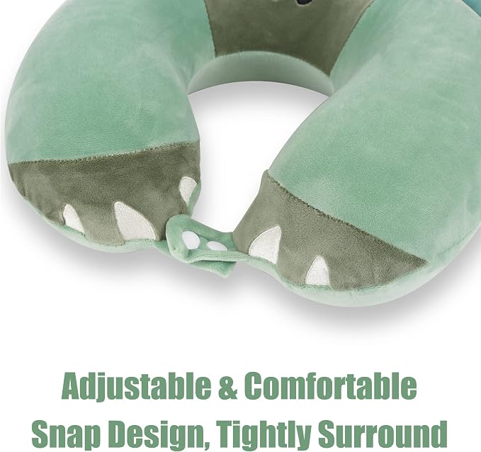 Sexysamba Cartoon Headrest & Neck Pillow for Kids Boys & Girls, Teens, Travel Accessories for Airplane, Car, Recline, Memory Foam Cute Travel Pillow with Sleep Eye Mask - Green Triceratops - Image 3