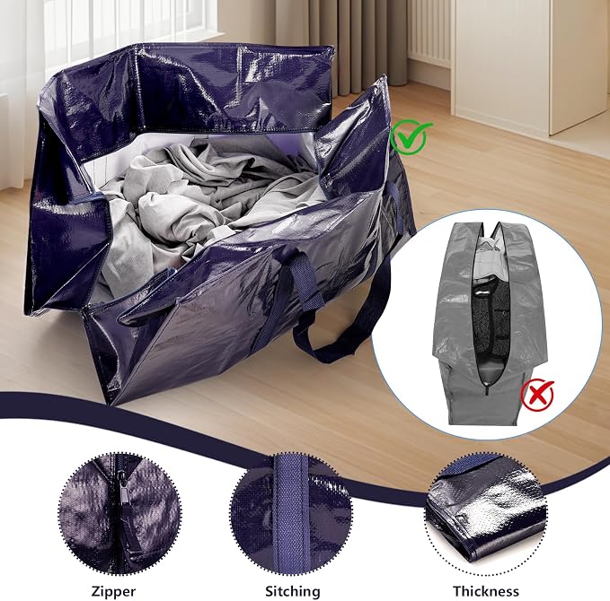 12 Pack Moving Bags with Full-Open Side Zipper, Extra Large 93L Heavy Duty Waterproof Foldable Storage Totes for College Dorm, Moving & Home OrganizationDarkBlue - Image 6