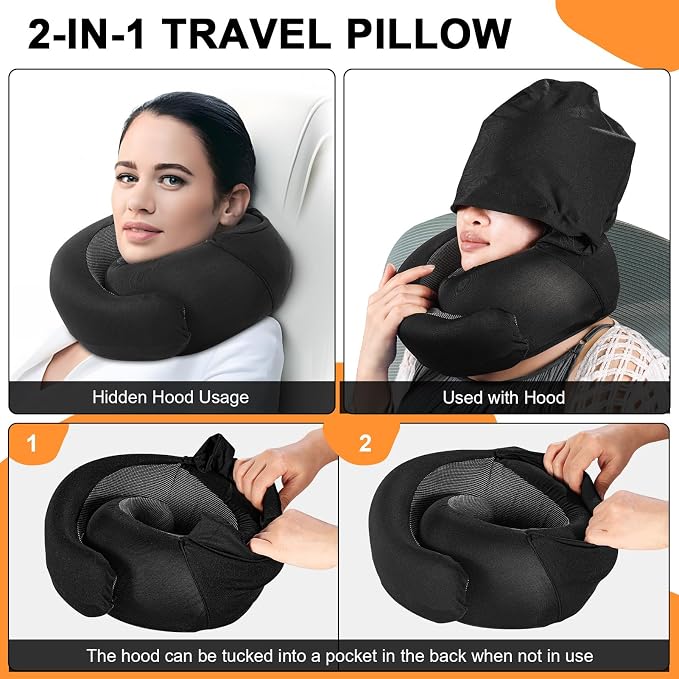 Travel Pillow and Blanket Set for Airplane, Hooded Memory Foam Neck Pillow | Soft blanket, privacy hood, earplugs, carry bag and memory foam neck support for airplane travel, long flights and road trips - Image 7