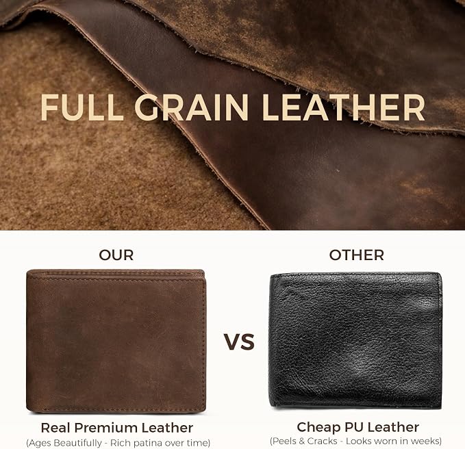 RUNBOX Men's Full Grain Leather Bifold Wallet - Crazy Horse RFID Blocking Slim Wallet with 2 ID Windows, 12 Card Slots & Dual Cash Pockets, Gift for Men - Image 6