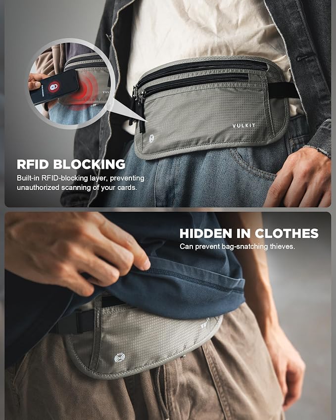 VULKIT Money Belt for Travel, Hidden Passport Holder, Anti-Theft Travel Wallet Under Clothes, RFID Blocking Waist Pouch, Undercover Fanny Pack, Cool Gray - Image 4