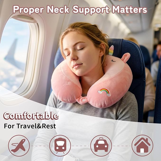 Memory Foam Kids Travel Neck Pillow for Ages 9+, Removable Cover, Unicorn | Machine washable, 17 in neck size for teens and adults, 360-degree head and chin support, car and airplane use - Image 6
