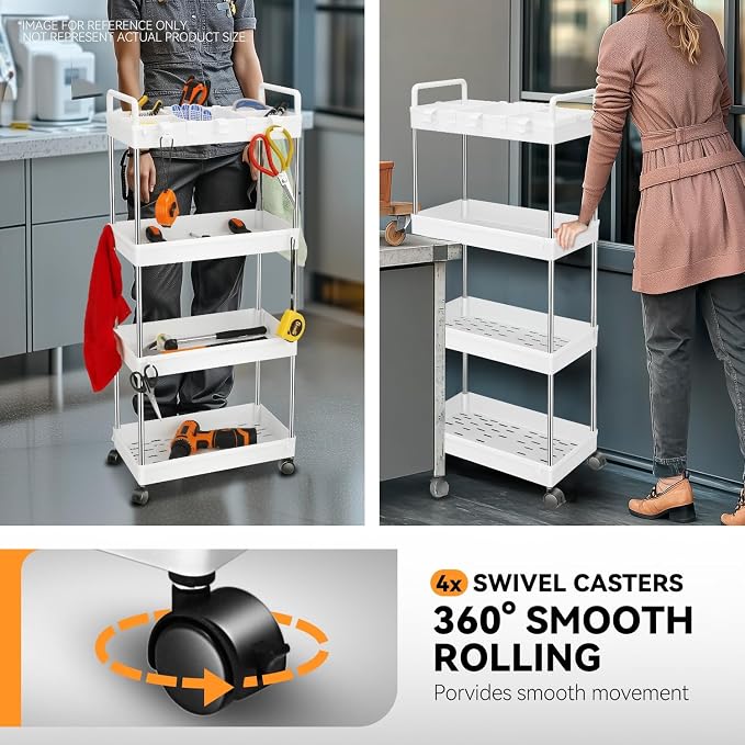 Auto Dynasty 4-Tier Rolling Utility Cart w/Handle, Narrow Storage, Big Size | Sturdy Steel Frame, Smooth-Rolling Casters, Multifunctional Shelves, Space-Saving Slim Design, for Office/Kitchen/Bathroom - Image 6