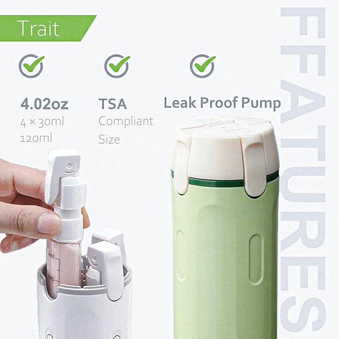 4 in 1 Travel Dispenser Bottles Shampoo Refillable Leak Proof TSA Compliant Size Containers Toiletries Toiletry with Pump Design Portable Organizer Conditioner Lotion Cream Vacation (Green) - Image 2