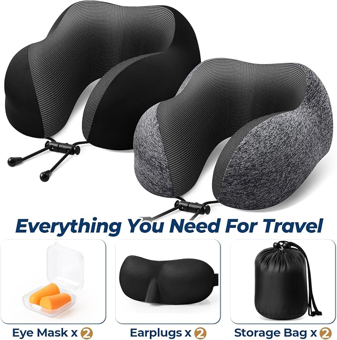 ExploreBliss Travel Pillow, 2 Pack Travel Pillows for Sleeping Airplane, Removable Cover Neck Pillow with Adjustable Clasp, Memory Foam Neck Pillow Set (Dark Grey & Black) | Travel Pillows for Airplanes, Neck Pillow Airplane, Memory Foam Neck Pillow Se... - Image 2