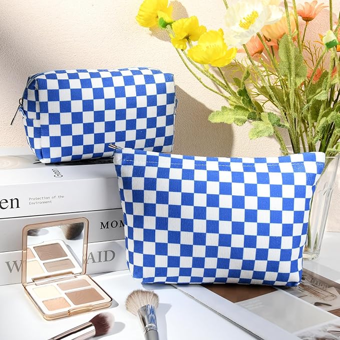 SOIDRAM 2 Pcs Checkered Makeup Bag Large Cosmetic Bag Toiletry Bag Makeup Pouch Travel Bag Organizer Cute Makeup Brushes Aesthetic Accessories Storage Bag for Women Royal Blue - Image 2