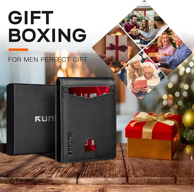 RUNBOX Wallet for Men Slim Leather Bifold RFID Blocking Minimalist Front Pocket Design with Gift Box | Minimalist Front Pocket Design, Holds 8 Cards, RFID Protection, Gifts for Men on Birthdays, Father’s Day, and Christmas - Image 3