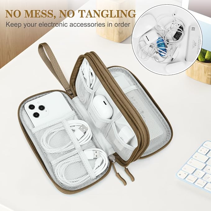 FYY Electronic Organizer, Travel Tech Pouch Bag, Cable Organizer Brown | Wrist Strap, Waterproof, Double Layers Portable Electronics Travel Carrying Case for Cord, Charger, Daily Business Trips Use - Image 5
