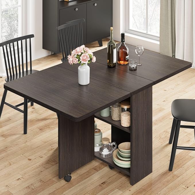 IDEALHOUSE FoldingTable, Drop Leaf Dining Table with 6 Wheels and 2-Layer Storage Shelf, Space Saving Table for Small Spaces (Dark Walnut, 47.2" D x 23.6" W x 29.5" H) by IDEALHOUSE