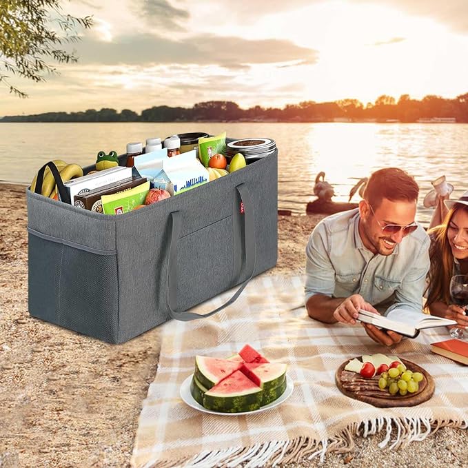 LHZK 2 Pack Extra Large Utility Tote Bag with Metal Wire Frame and the Sides Rinforced, Extra Large Tote Bag with Handle, Reusable Grocery Bags Foldable, Beach Bag, Car Tote (Gray, 26''x15''x13'') - Image 6