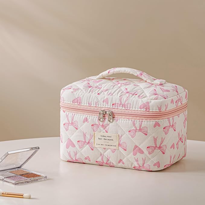 HBselect Quilted Makeup Bag, 3Pcs Cotton Large Travel Makeup Bags Organizer | Cute Floral Make up Bag Cosmetic Bag Toiletry Bag for Women Girls, Makeup Pouch for Skincare, Brushes & Travel Essentials - Image 6