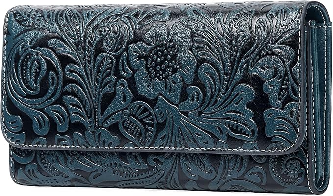 GOIACII Leather Wallets for Women RFID Blocking Western Clutch Blue | Embossed Design, Trifold, Large Billfolds, Vintage Flower, Ladies Purses with Zipper Coin Pocket by GOIACII