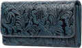 GOIACII Leather Wallets for Women RFID Blocking Western Clutch Blue | Embossed Design, Trifold, Large Billfolds, Vintage Flower, Ladies Purses with Zipper Coin Pocket by GOIACII