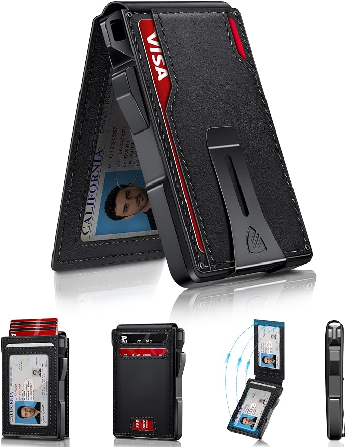 RUNBOX Wallet for Men, Mens Minimalist Wallet Holds 14 Cards, Compact Pop Up Wallet with Dual ID Windows & Money Clip, RFID Blocking Flip Up Card Holder, Metal Aluminum Credit Card Case Bifold Wallet by RUNBOX