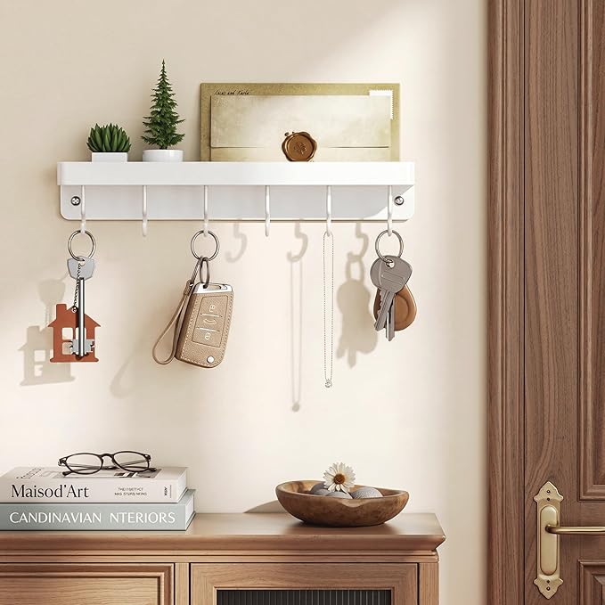 niffgaff White Key Holder Wall Mount, Stainless Steel Self Adhesive Hooks Rack with Shelf, No Drill Key Hanger for Door and Wall - Image 2