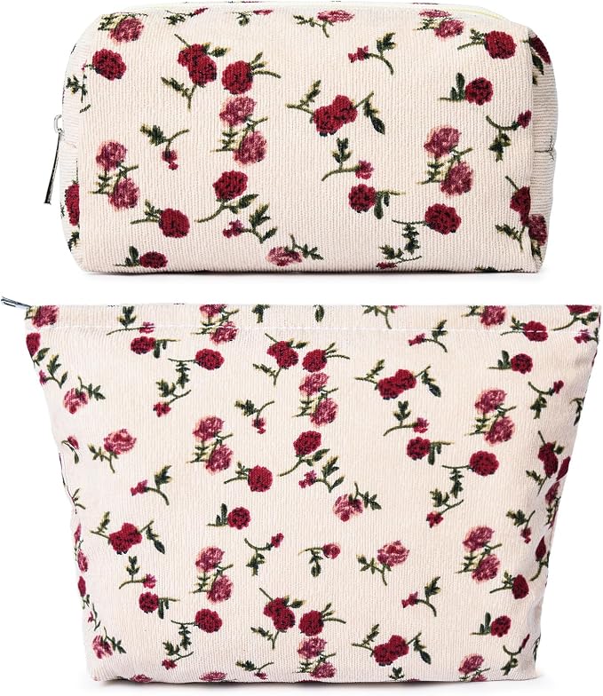 SOIDRAM 2 Pieces Rose Makeup Bag Large Corduroy Cosmetic Bag Capacity Canvas Mix Travel Toiletry Bag Organizer Cute Makeup Brushes Aesthetic Accessories Storage Bag for Women, Rose Mix White by SOIDRAM