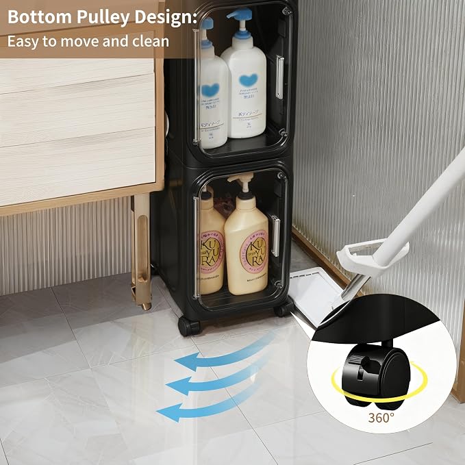 2-Tier Narrow Storage Cabinet Slim Bathroom Skinny Organizer with Wheels | Slim Storage Cabinet with Lockable Rolling Wheels Adjustable Detachable Shelves Snap Assembly for Small Spaces,Black - Image 4