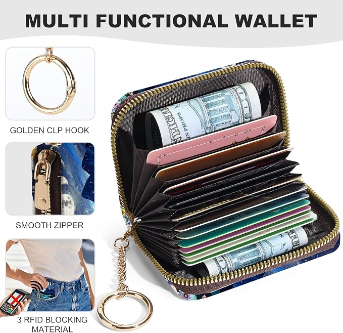 Credit Card Holder for Women,Small Rfid Wallet with Keychain Zipper,Cute PU Leather Card Case Wallet，Accordion Credit Card Wallets Gift,Moon Mountains - Image 2