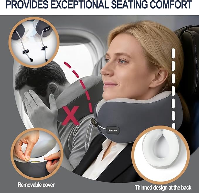 Travel Neck Pillow, Memory Foam Airplane Pillow for Long Flights | Pure memory foam, adjustable fit, washable velvet cover, eye mask, earplugs and carry case for flights, cars and office naps - Image 3