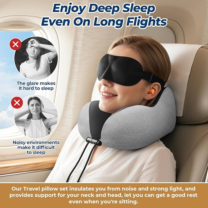 ExploreBliss Travel Pillow, Neck Pillow Airplane, Light Grey | Travel Pillows for Airplanes, Neck Pillow Airplane, Memory Foam Neck Pillow Set with Eye Mask, Earplugs - Image 5