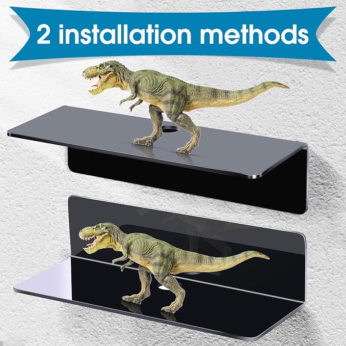 Maitys 8 Pcs Black Acrylic Floating Shelves Back to School Supplies 9 Inches Adhesive Wall Mounted Shelves No Drill Hanging Acrylic Wall Display for Living Room Bathroom Bedroom Kitchen Office - Image 3