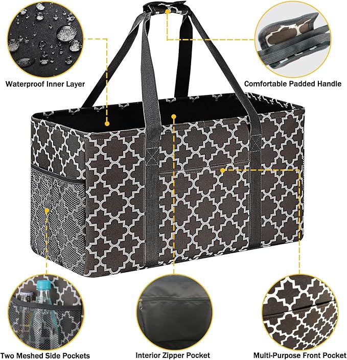 GhvyenntteS Extra Large Utility Tote Bag 2 Pack - Stand Up Utility Tote with Metal Wire Frame & Hard Bottom Board, Reusable Grocery Bags With Handles for Storage, Picnics, Beach, Laundry, Car, Camping - Image 6