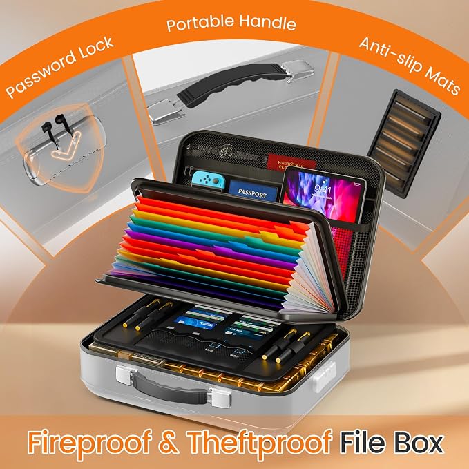 Fireproof Document Box with Lock, 5200°F Fireproof Water Resistant Hard Case File Organizer Safe Box for Important Documents, Certificates, Laptop, Passports (Sliver) - Image 4