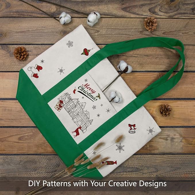 TOPDesign 3-Pack Canvas Tote Bags with an External Pocket, Reusable Grocery Shopping Bags, Top Zipper Closure, Daily Essentials (Green/Natural) - Image 3