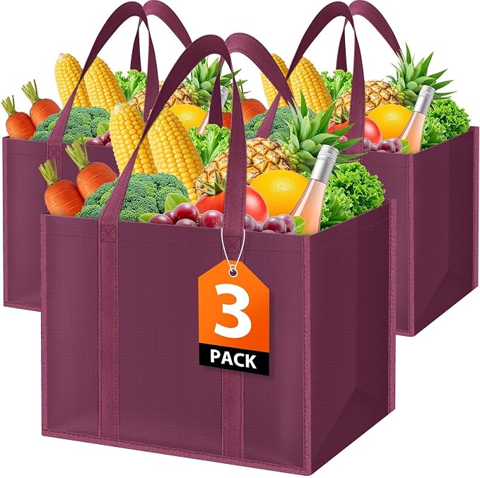 WISELIFE Reusable Grocery Bags, Foldable, Lasting Use, 35L, 3 Pack, Claret | Large Shopping Bags with Reinforced Stitching, Water-Resistant Grocery Totes for Kitchen, Market, Car Trunk, Picnic by WiseLife