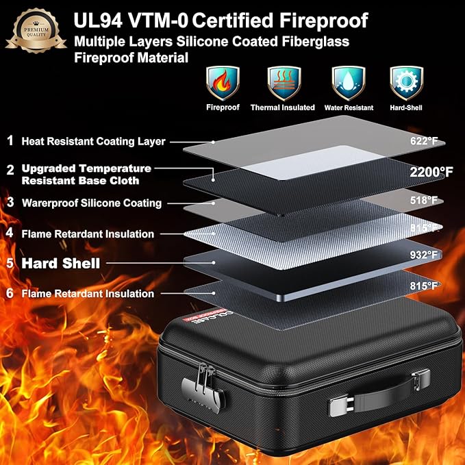 Fireproof Document Box with Lock, Hard Fireproof Document Organizer | Hard-Shell Fireproof Waterproof Documennt Box with Combination Lock Black - Image 2
