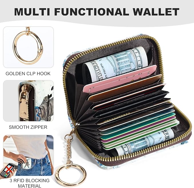 Credit Card Holder for Women,Small Rfid Wallet with Keychain Zipper,Cute PU Leather Card Case Wallet，Accordion Credit Card Wallets Gift,Diving Cat - Image 2