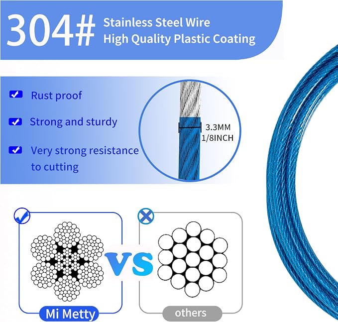 3.3mm (1/8 Inch) Outdoor Travel Security Cable-3/4/6/10/15/20/30ft Luggage Lock Safety Wire Flexible Steel Wire Rope with Double Loop Safety for Luggage, Bike, Lock (Blue, 20ft-(1Pack) - Image 2