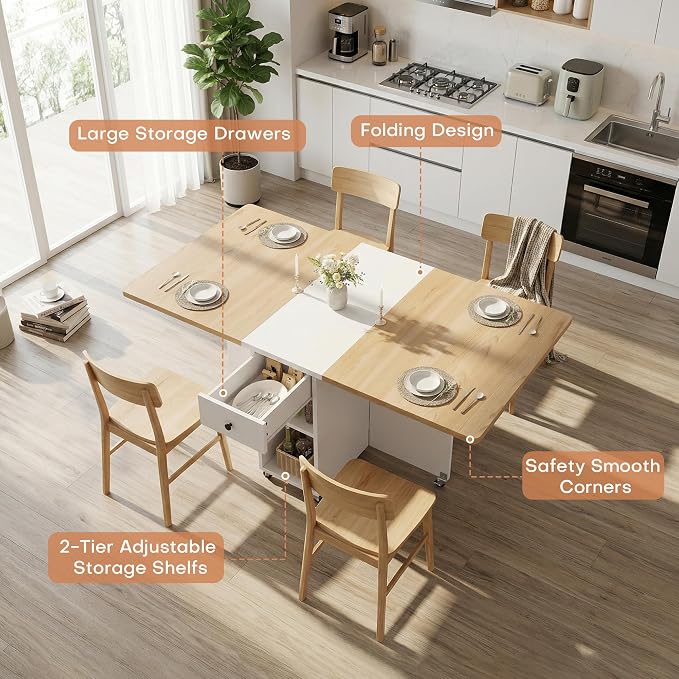 Jocoevol Space Saving Folding Dining Table for 4, Foldable Dining Table with Drawer and Storage Shelf, 6 Wheels Drop Leaf Kitchen Dining Room Table for Small Space (Natural, 47.2" x 23.6" x 29.9") - Image 5