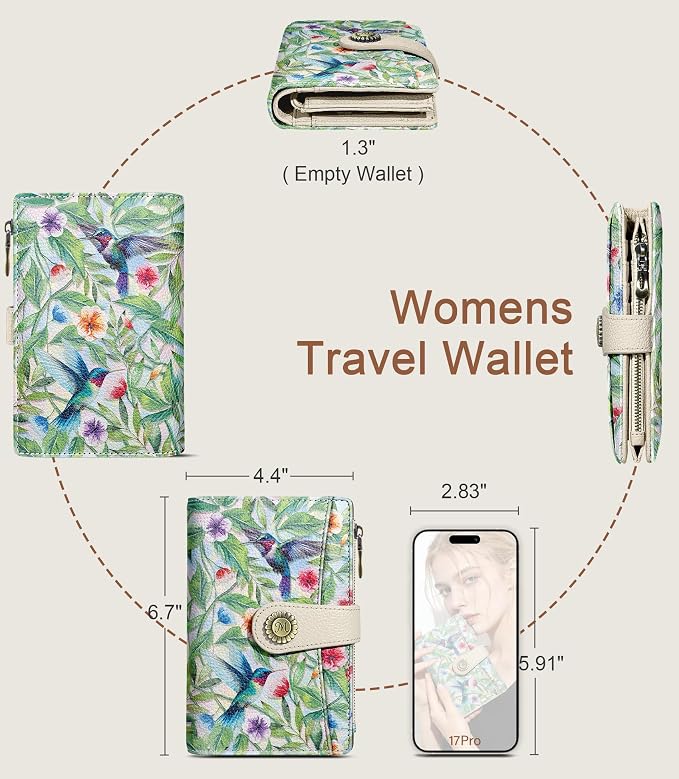 Hummingbird Wallet Women RFID, Passport Holder, Credit Card Holder | 6.7" x 4.4" x 1.3" Bifold, Travel billfold, Zipper Pocket, PU Leather, Clutch, Purse, ID Window, Pen Holder, Gift Ladies Girl - Image 5