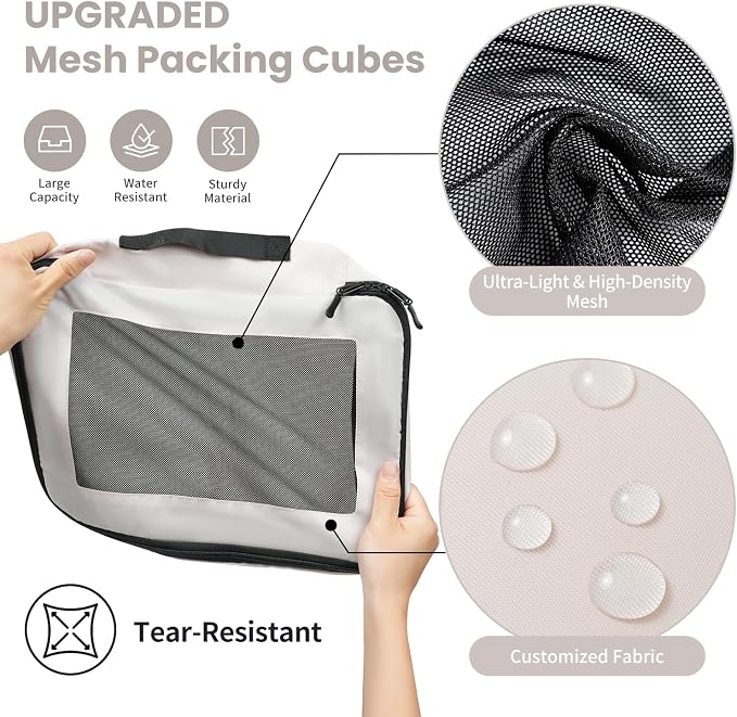 Mesh Packing Cubes for Travel, Durable Luggage Organizer with Sturdy Material and Double Zippers, Comprehensive Set for Travel Accessories Storage, 10 set, cream - Image 3