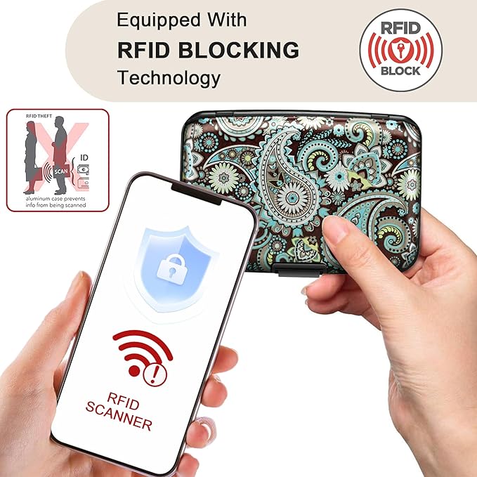Mini RFID Aluminum Wallet Credit Cards Holder Business Card Case Metal ID Case for Men Women (Blue flower) - Image 2