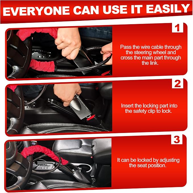 KAYCENTOP Car Steering Wheel Lock, Seat Belt Lock, Car Locks Anti-Theft Device with Aluminum Alloy Lock Housing, Max 17 Inch Length, High Visibility and Light-Weight, Universal Fit, 3Keys(Red) - Image 6