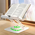 LOXP Ergonomic Book Stand for Reading, 360° Rotating Holder with Page Clip | Adjustable height angle, Hands-free, anti-slip base, Fits tablets cookbooks magazines laptops, wood and metal, Acrylic White by LOXP