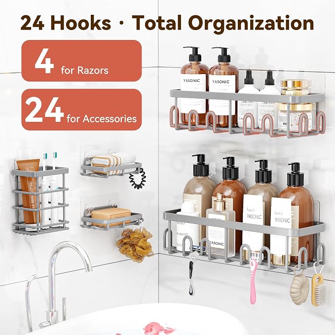 Shower Caddy Adhesive, Rustproof Shower Organizer, Wall Shower Rack | Large Capacity Shower Shelves for Inside Shower, Shampoo Shower Holder, Grey, 2 Caddies, 2 Soap Dishes, 1 Toothbrush Holder - Image 2