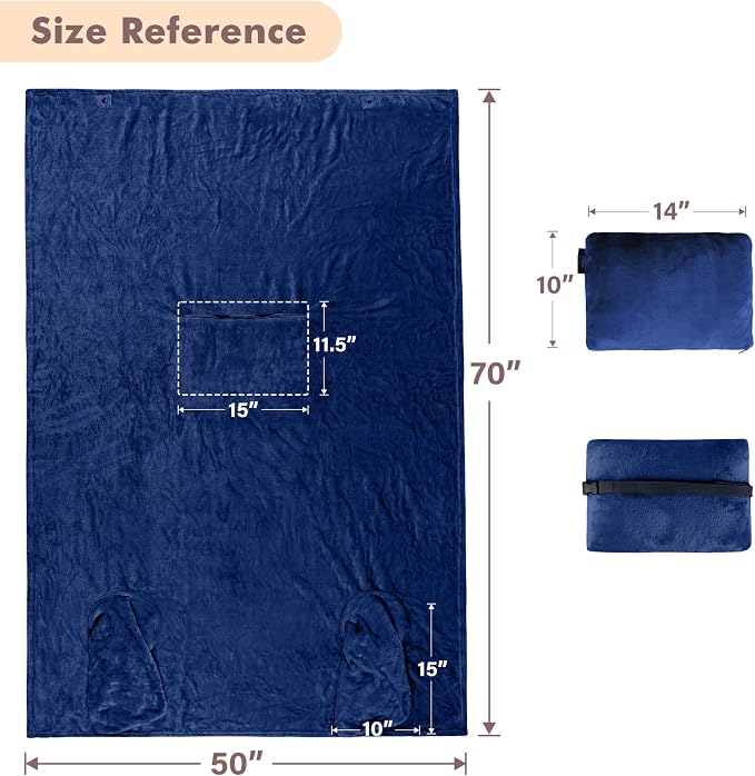 Tirrinia Travel Portable Blanket with Feet Pocket Airplane Office Poncho 4 in 1 Zippered Front Pocket Premium Cozy Fleece Blankets with Built-in Bag - Image 7