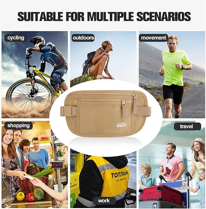 Small Unisex Money Belt For Men and Women, Slim Passport Holder RFID Blocking Travel Essentials Pouch with Adjustable Strap Small Waist Pouch for Workout Running Travelling Hiking(Beige) - Image 7